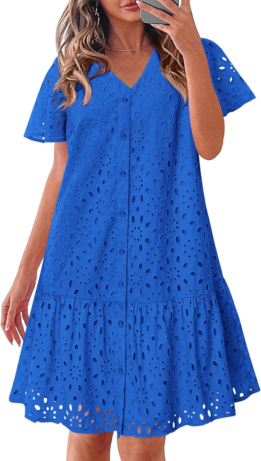 KIRUNDO Summer Dresses for Women 2025 Eyelet Button Down V Neck