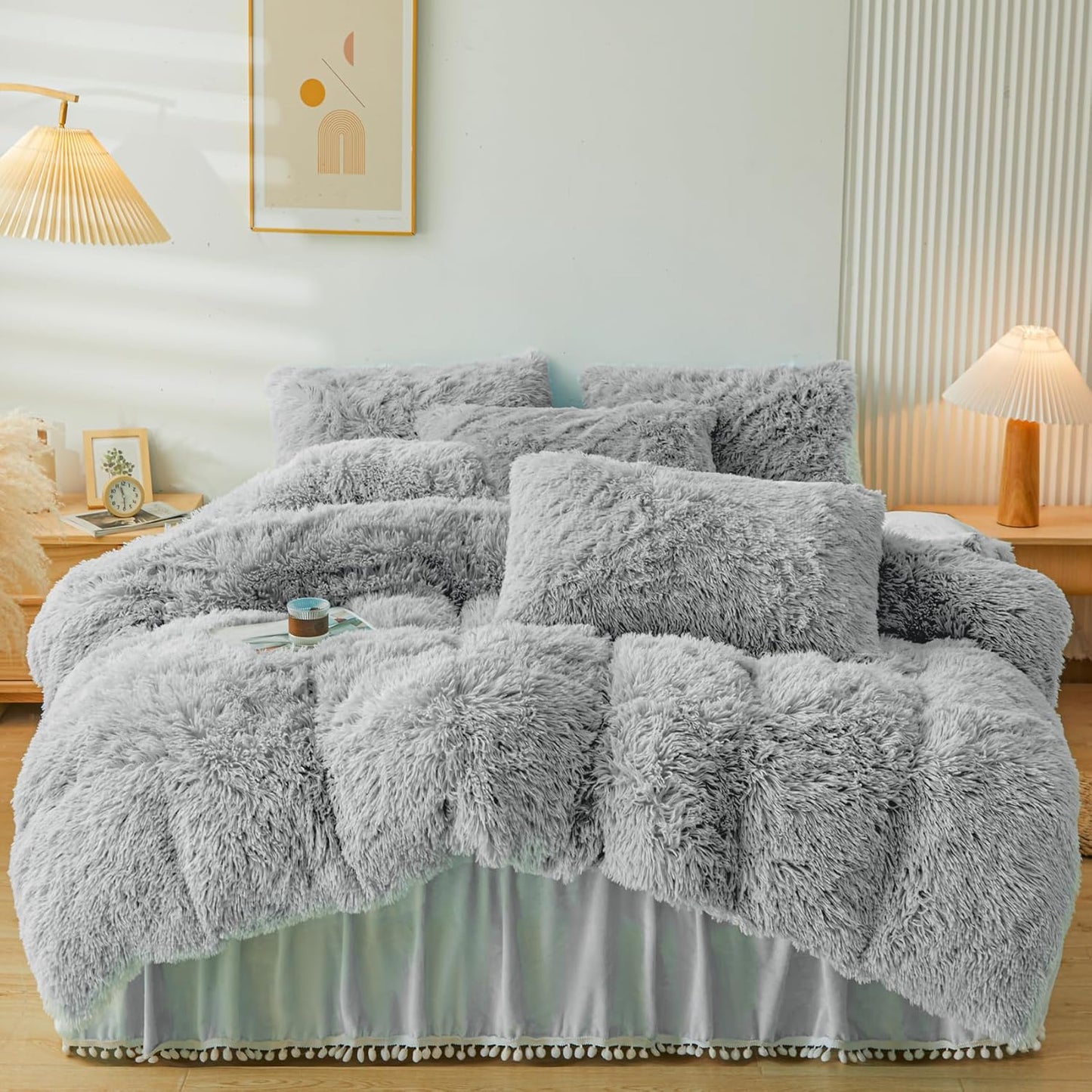 Fluffy Grey Faux Fur Comforter Cover Set Twin for Cozy Nights