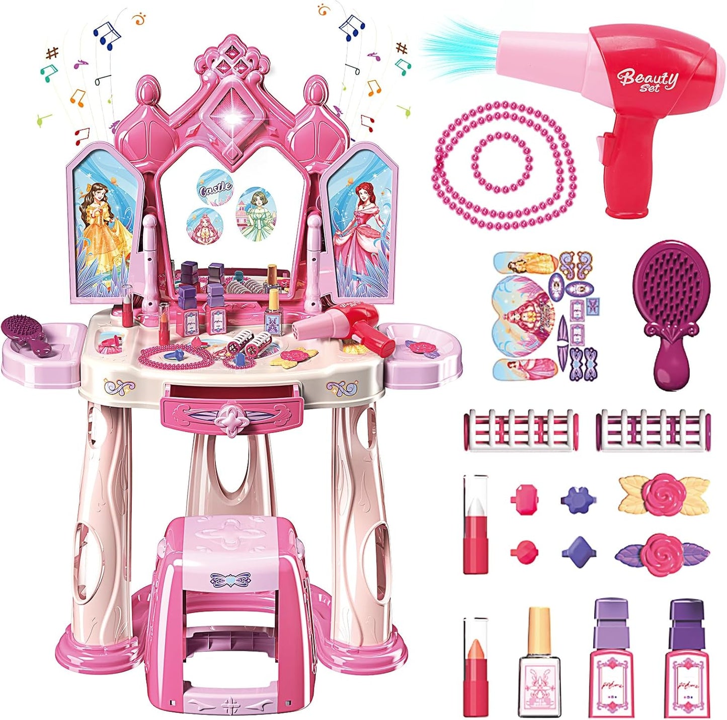 Pretend Play Girls Makeup Table Set with Stool for Toddlers