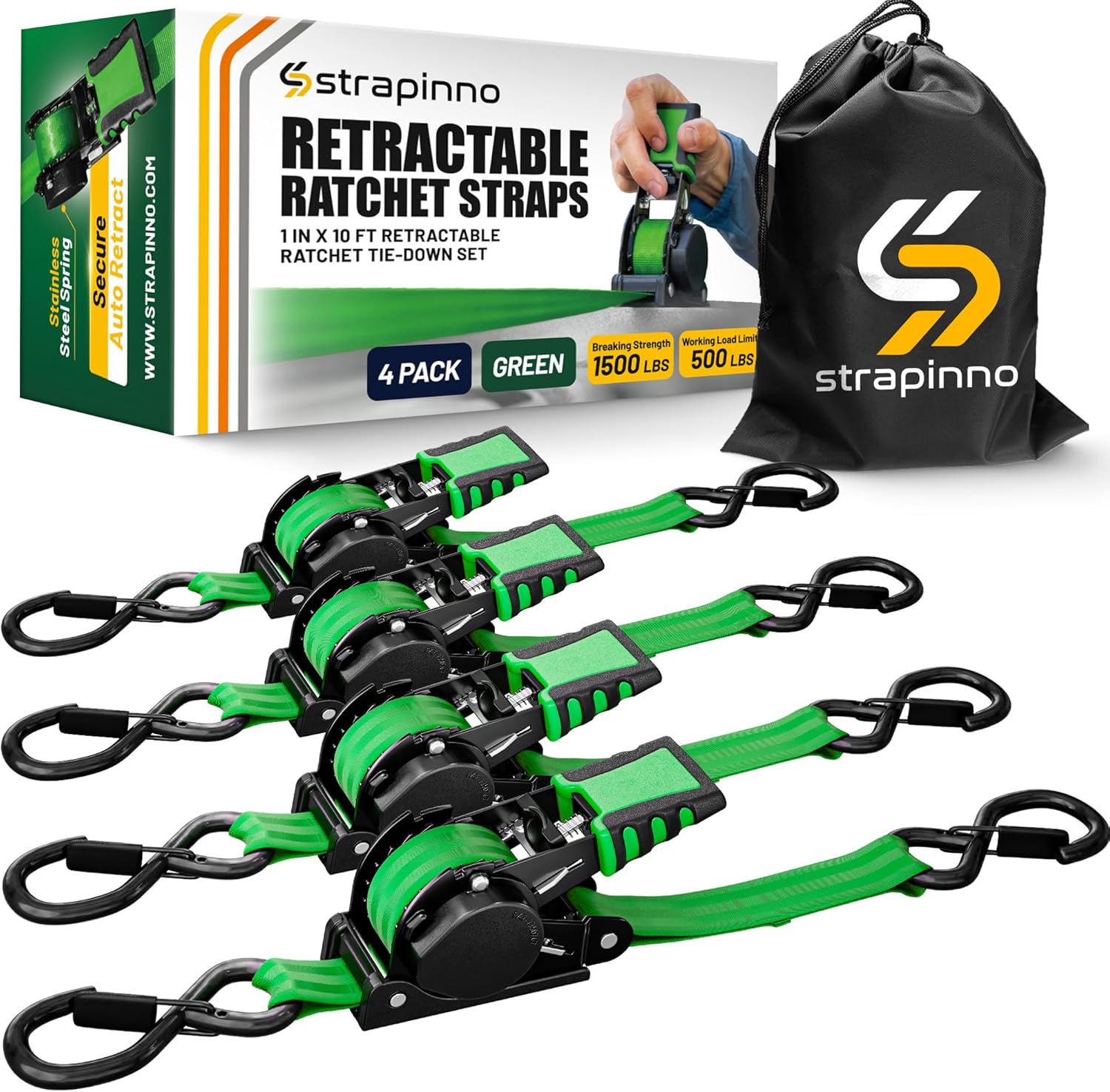 Strapinno Retractable Ratchet Straps 1 in x 10 ft for Secure Tie-Downs
