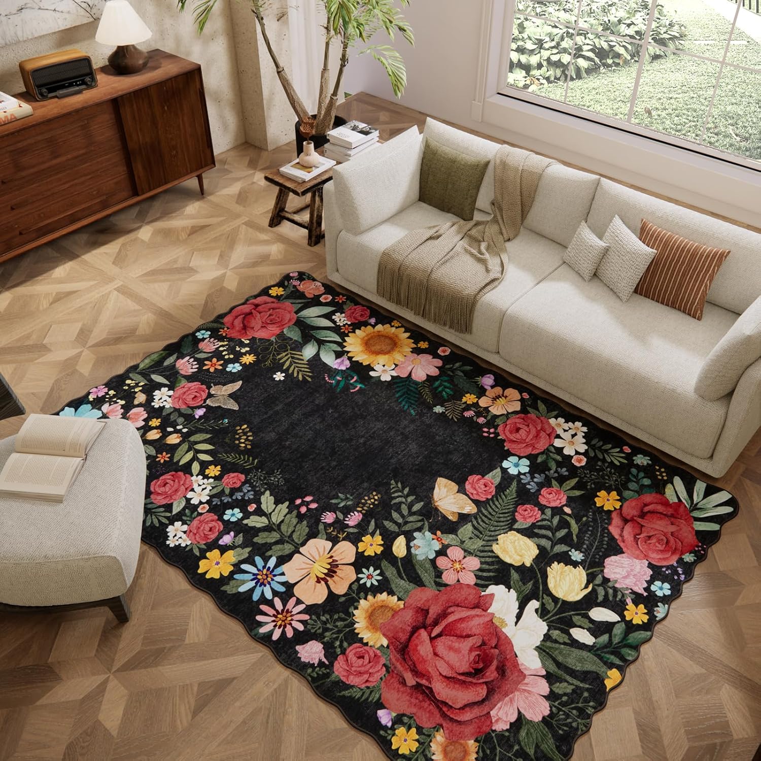 Floral Washable 6ftx9ft Area Rugs for Bedroom and Living Room