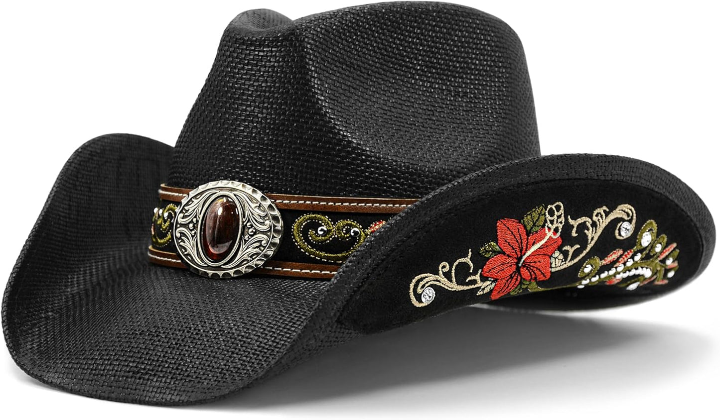 Stylish Cowboy Hats for Women and Men - Embroidered Straw Design