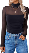 Women Long Sleeve Bodysuit Turtle Neck Mesh Bodysuit - Flattering