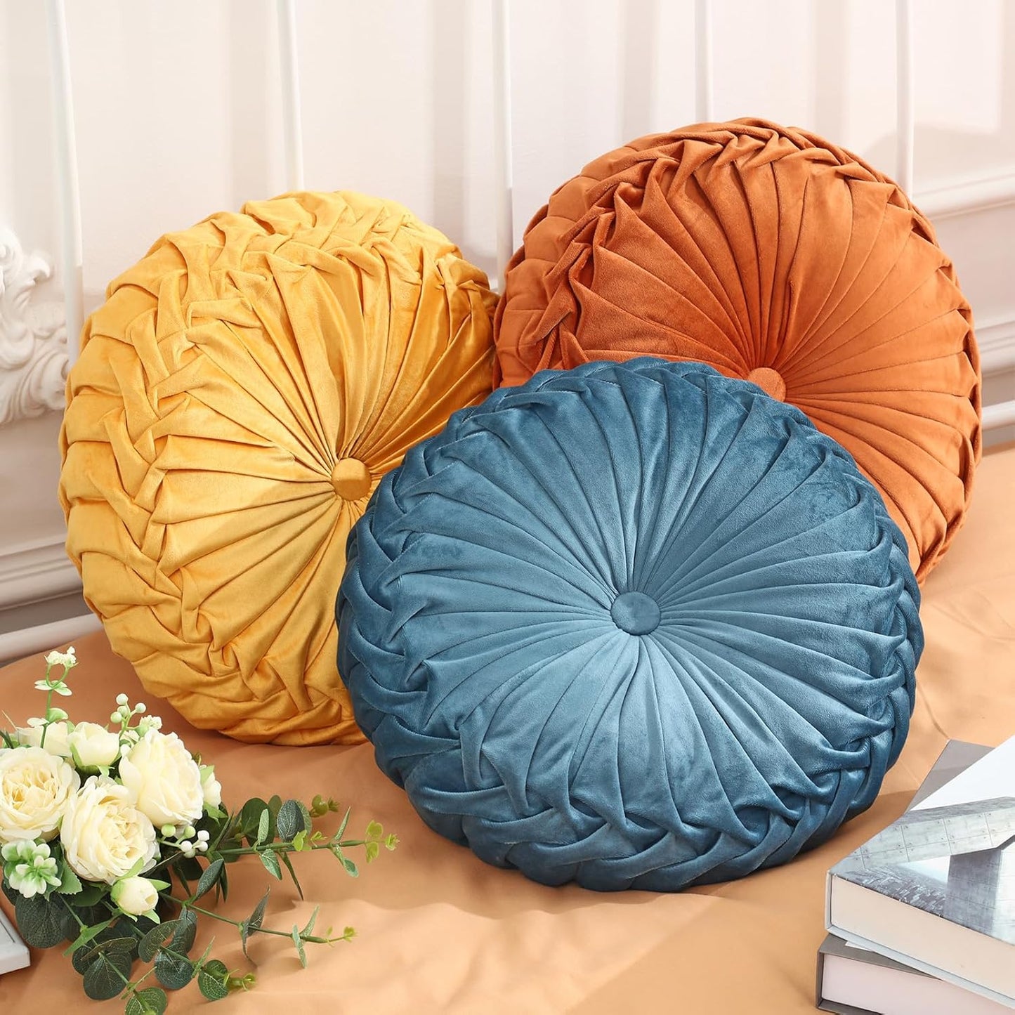 3 Pcs Round Throw Pillows for Couch with Velvet Pleated Design