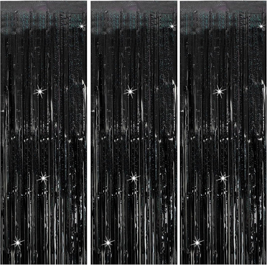 Black Foil Fringe Curtains Set - Halloween, Birthday, Graduation Party Decor