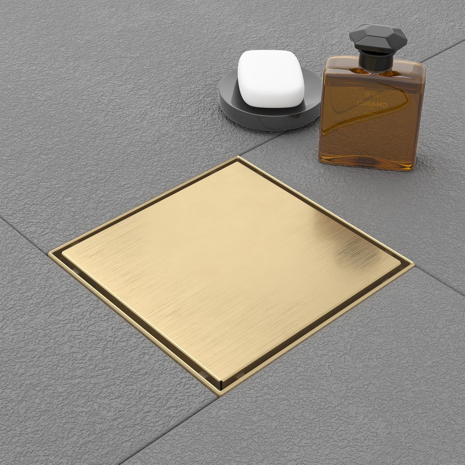 Square Shower Drain 6 Inch Brushed Gold Stainless Steel Design