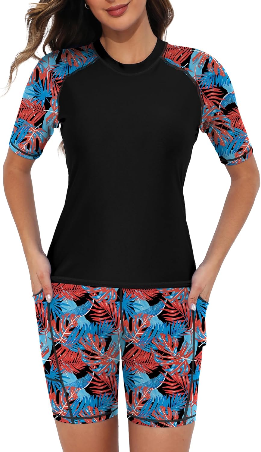 Tournesol Women's Two Piece Rash Guard Swim Set with Pockets