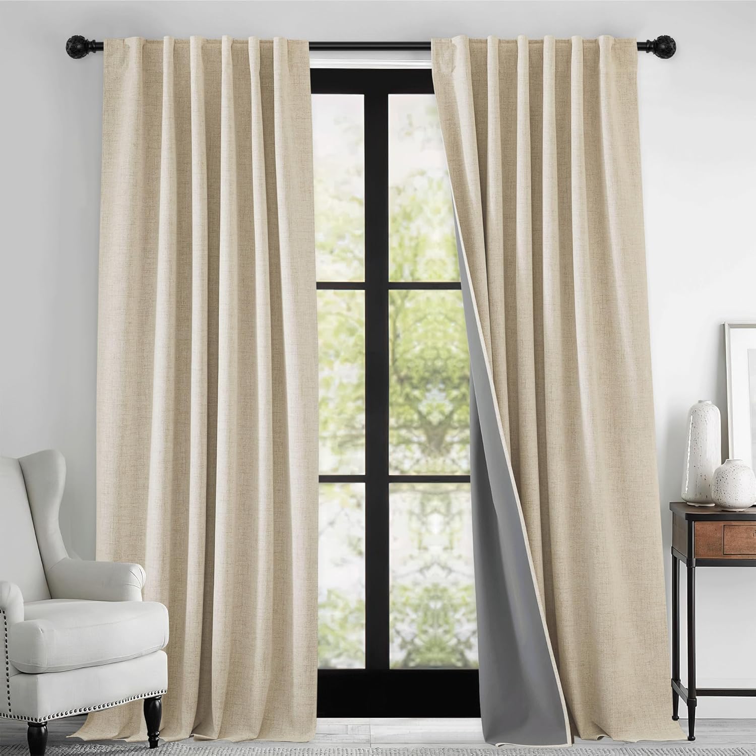 RYB HOME 100% Blackout Linen Textured Curtains for Any Room