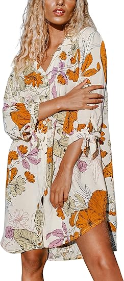CUPSHE Women Floral Shirt 3/4 Sleeve Beach Cover Up Button Down