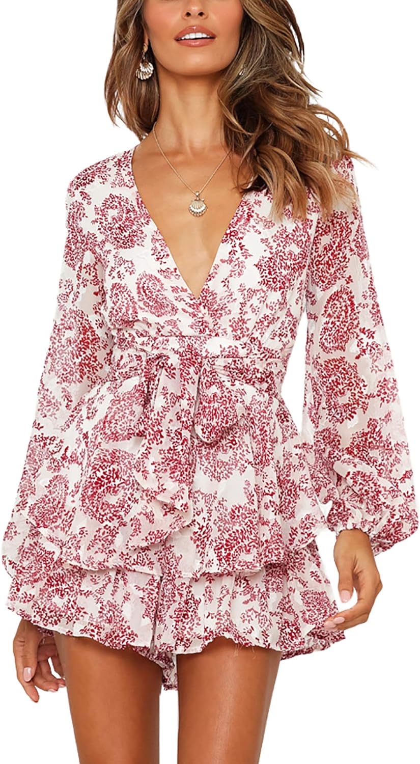 AIMCOO Women's Floral Print Deep V-Neck Romper for Summer