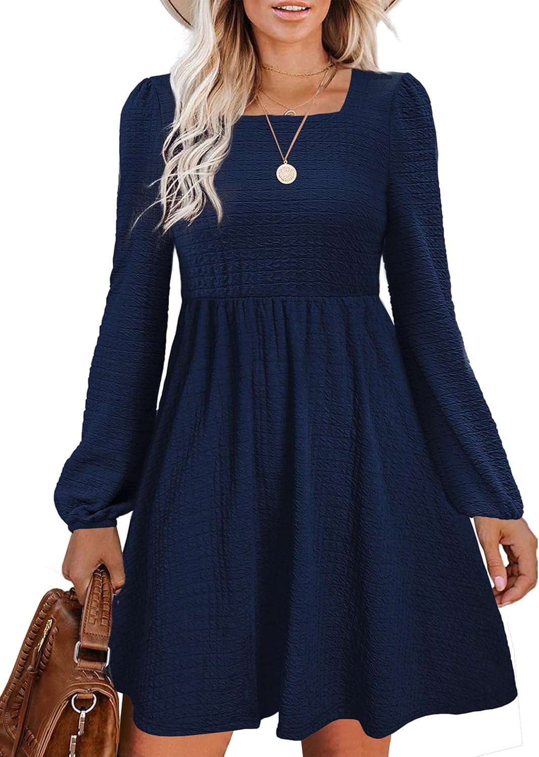 Womens Babydoll Dresses Square Neck Long Sleeve Flowy Style