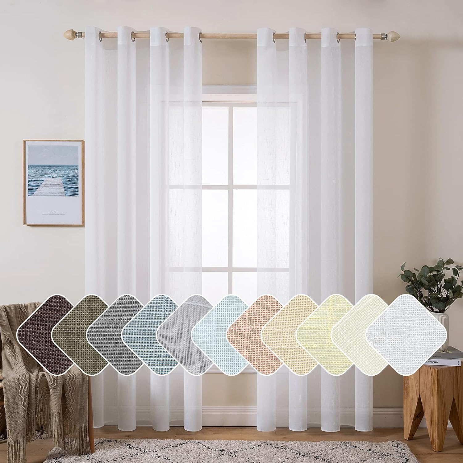 MIULEE Elegant White Linen Sheer Curtains