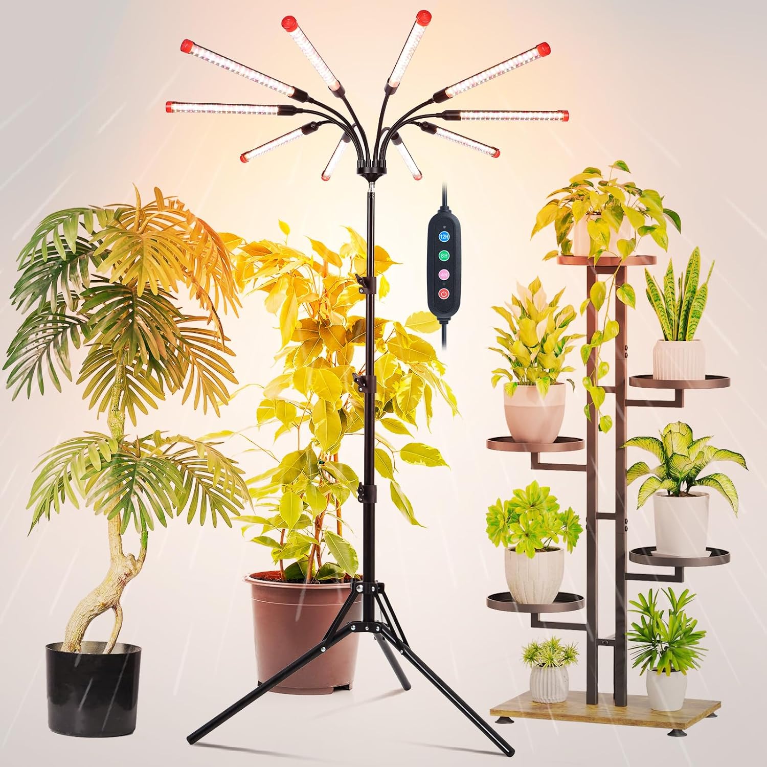 10Head Grow Lights for Indoor Plants with Tripod Stand and Timer