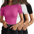 Ficerd 3 Pack Women's Ribbed T-Shirts - Soft Fitted Cotton Basics
