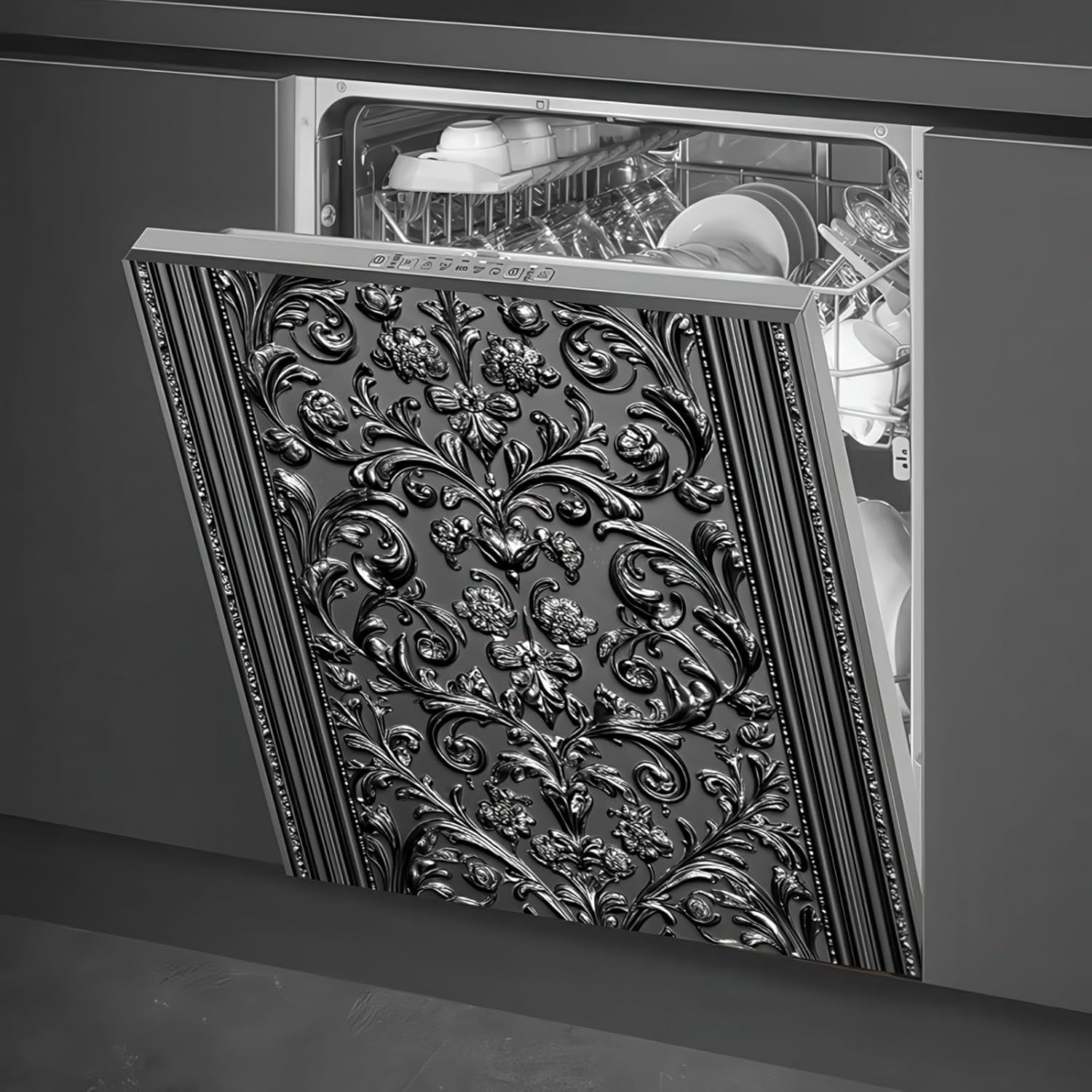 Black Floral Dishwasher Magnet Cover for Elegant Kitchen Decor