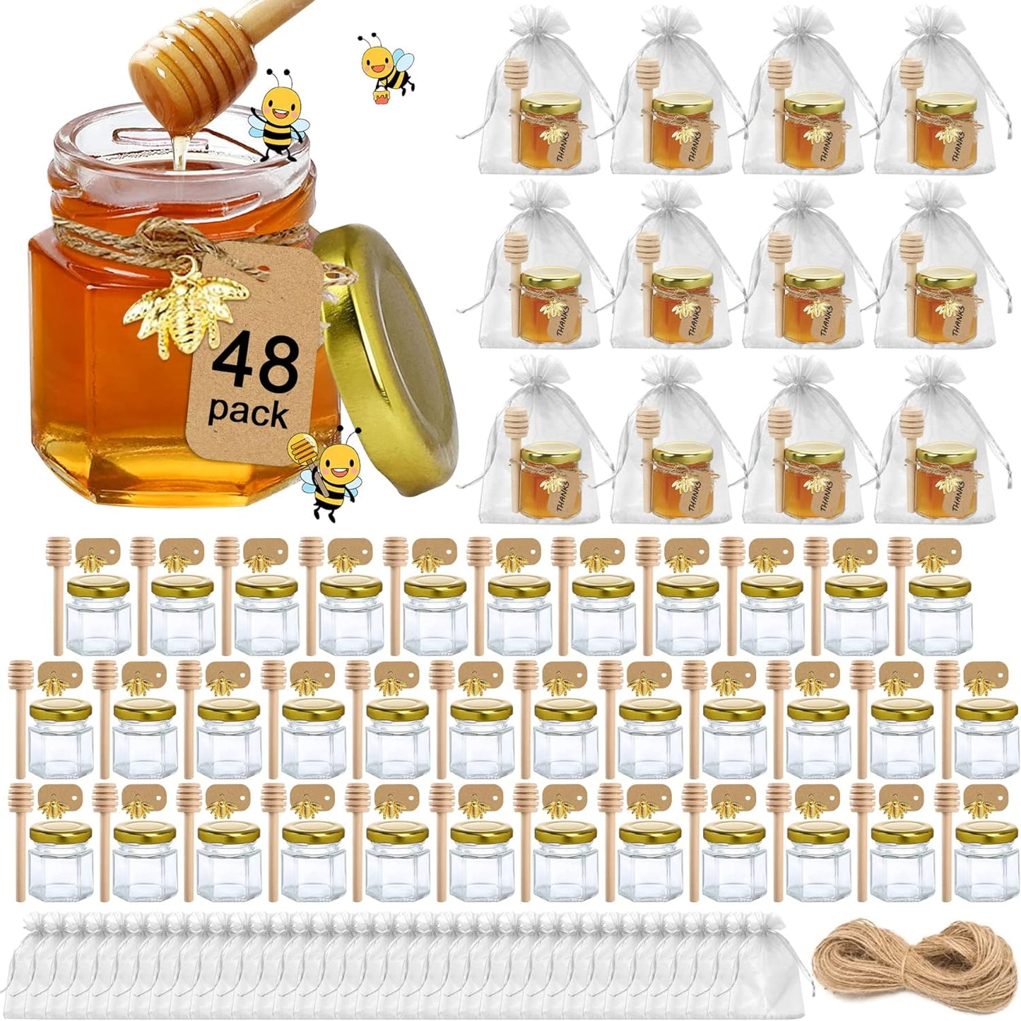 Mini Honey Jars Party Favors Set of 48 with Dippers and Lids