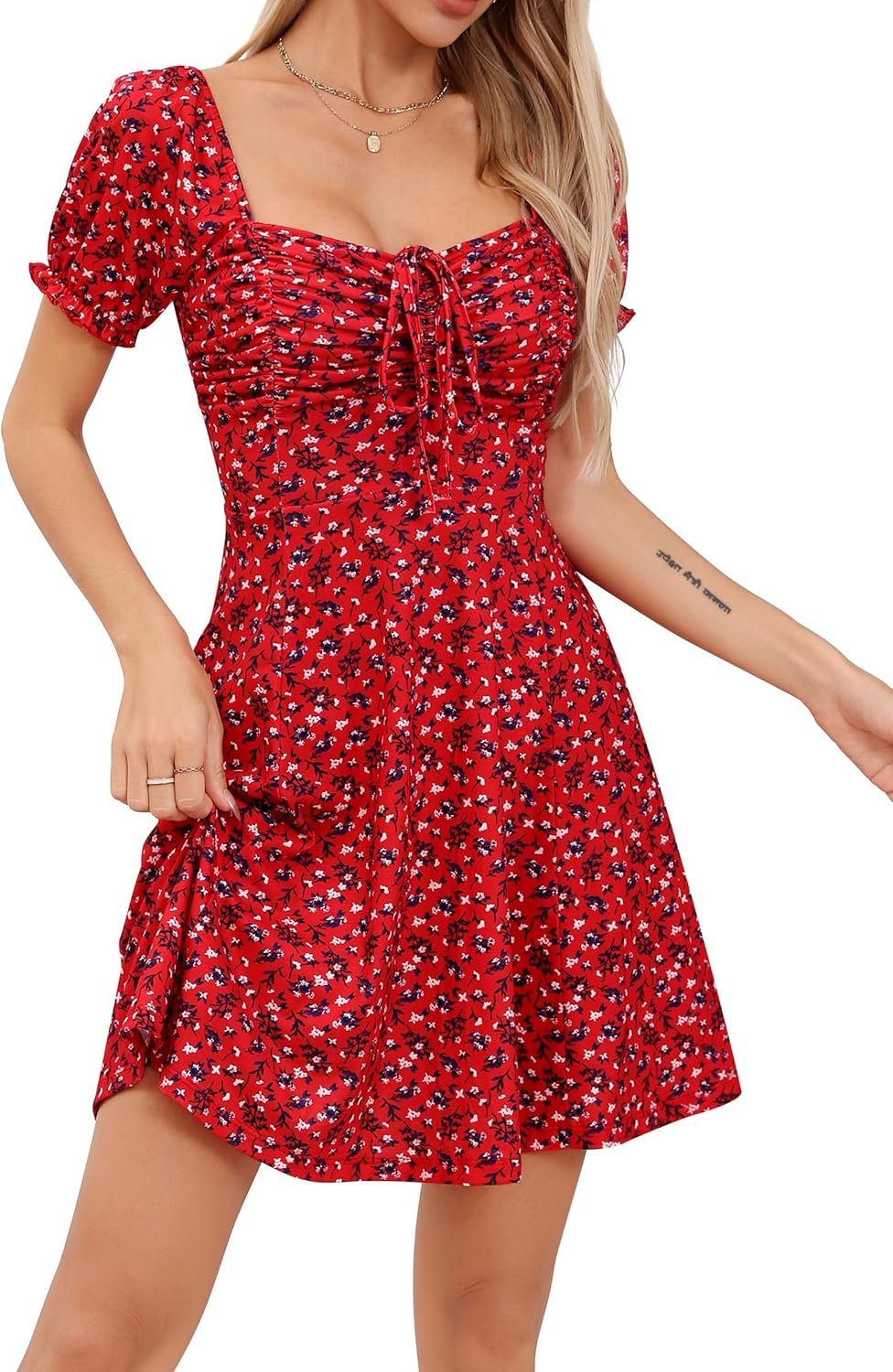 Missufe Women's Puff Short Sleeve Floral Mini Sun Dress 2025