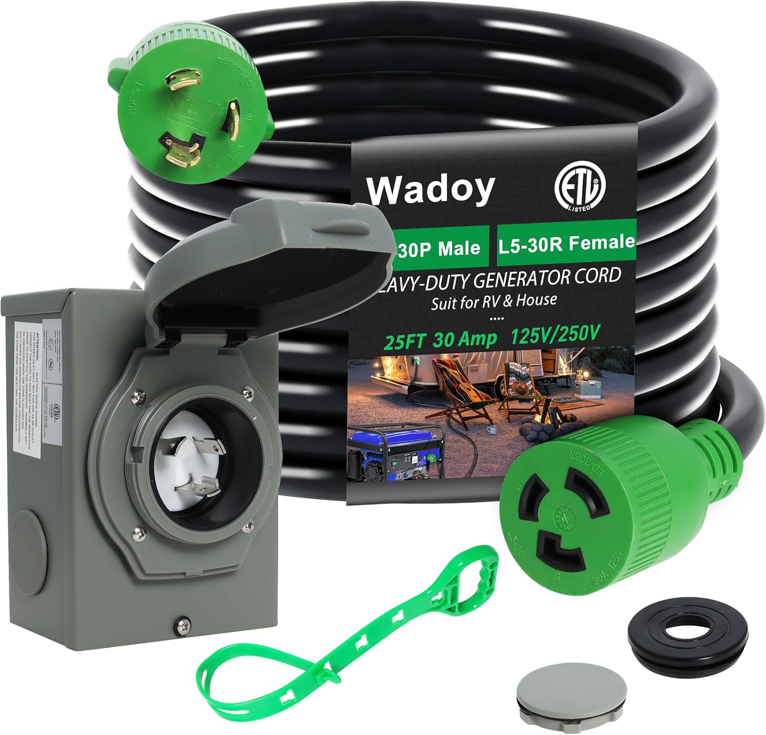 3 Prong Generator Cord 30 Amp with Power Inlet Box Combo Kit