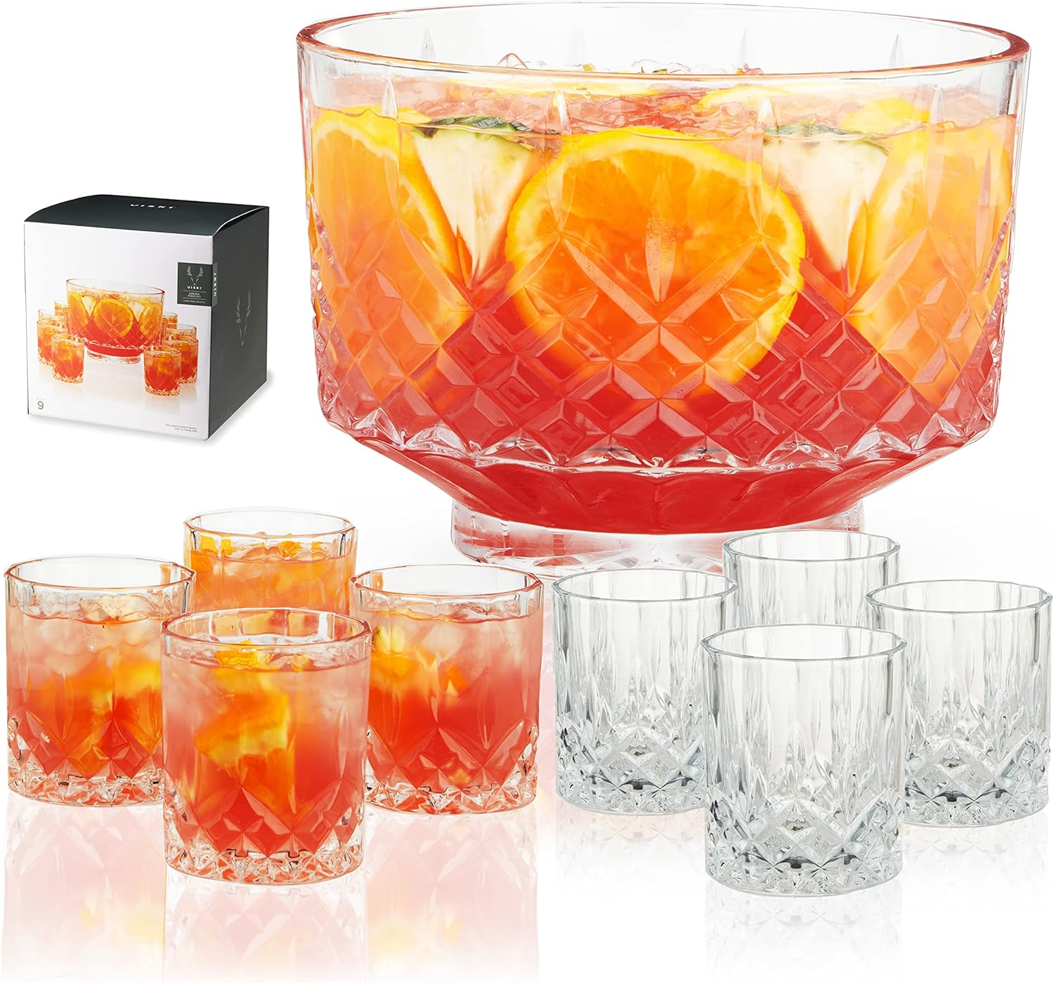 Viski Admiral Punch Bowl Set with 8 Tumblers for Parties