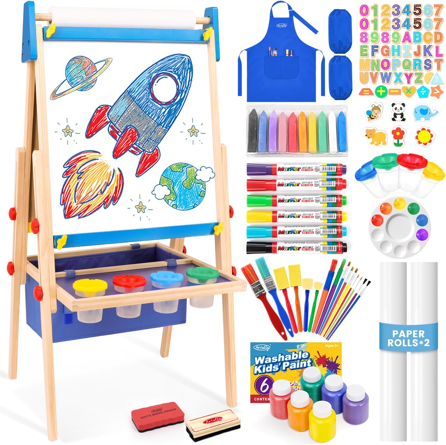 Adjustable Art Easel for Kids with Magnetic Chalkboard & Whiteboard
