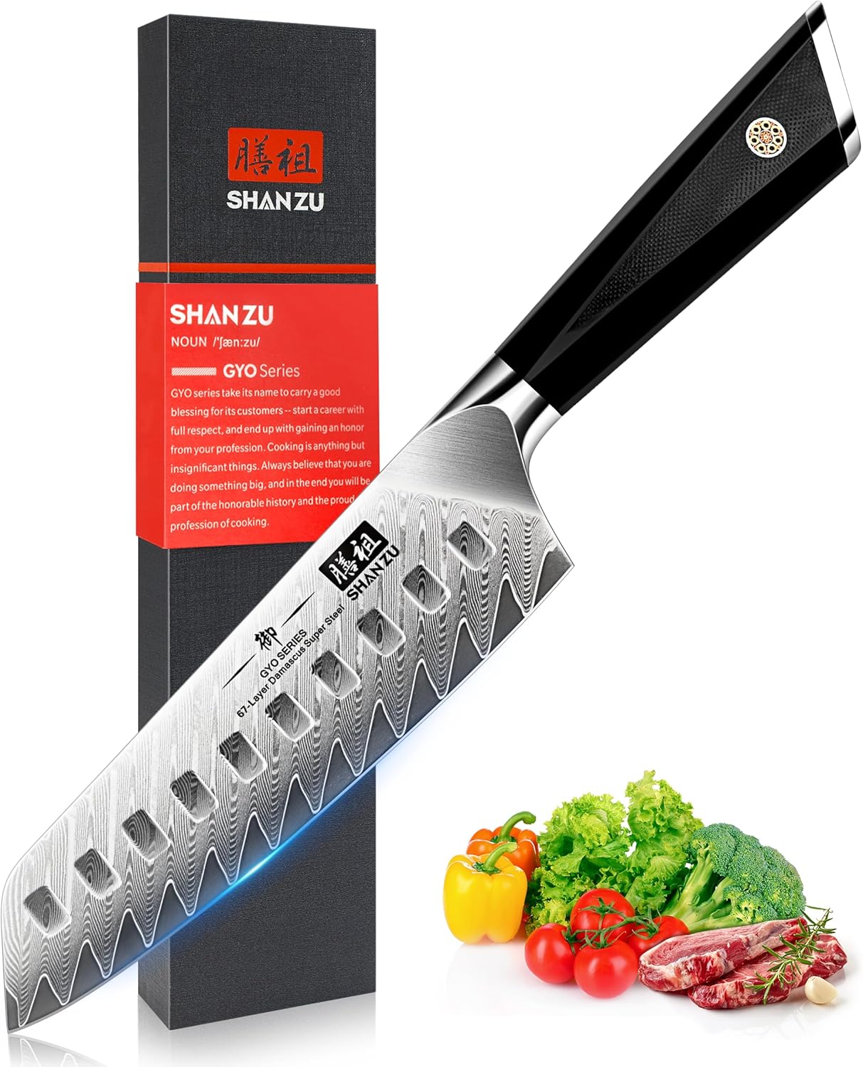 SHAN ZU Damascus Chef Knife Santoku 7 Inch for Professional Use