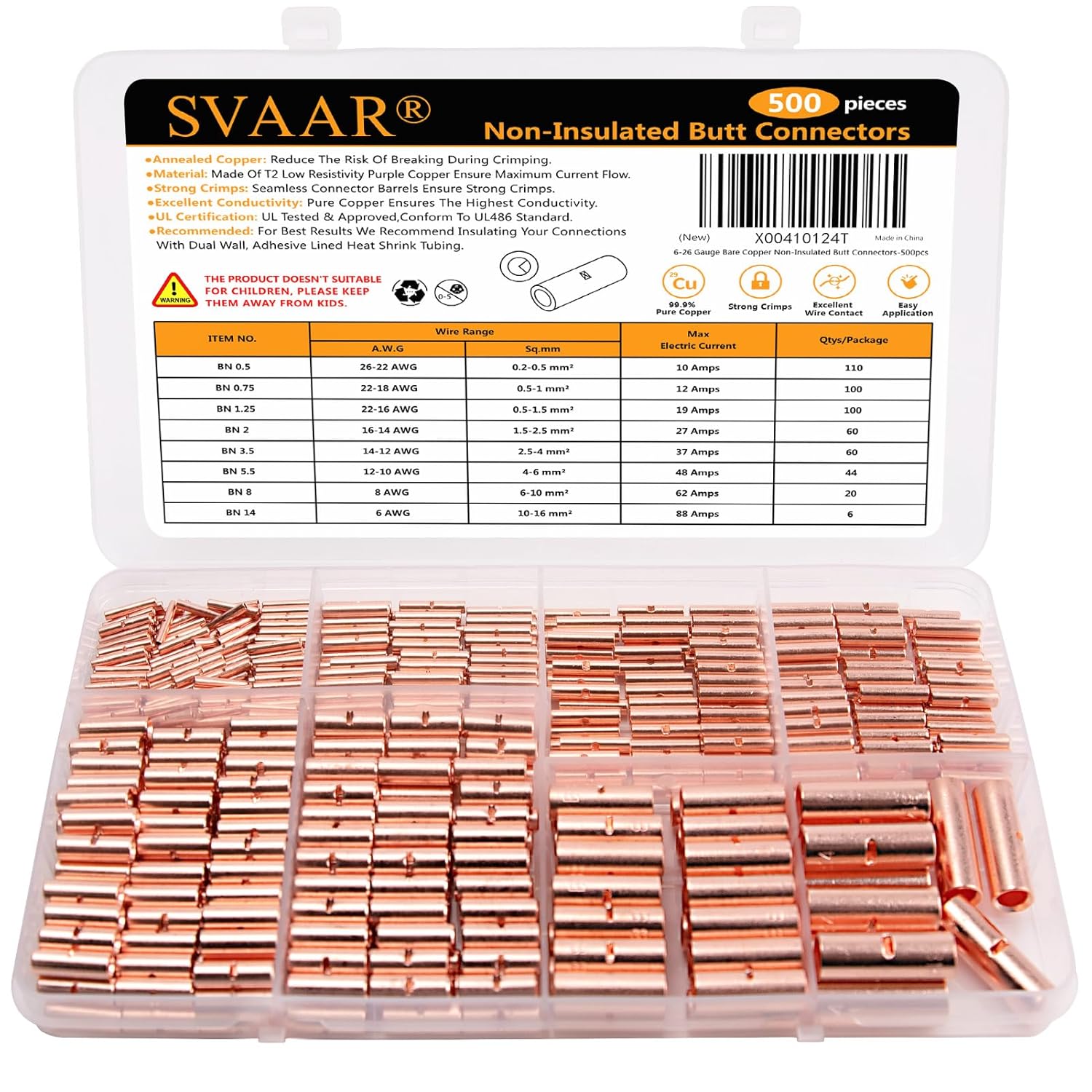 SVAAR 26-6 Gauge Non Insulated Butt Connectors for Reliable Wiring
