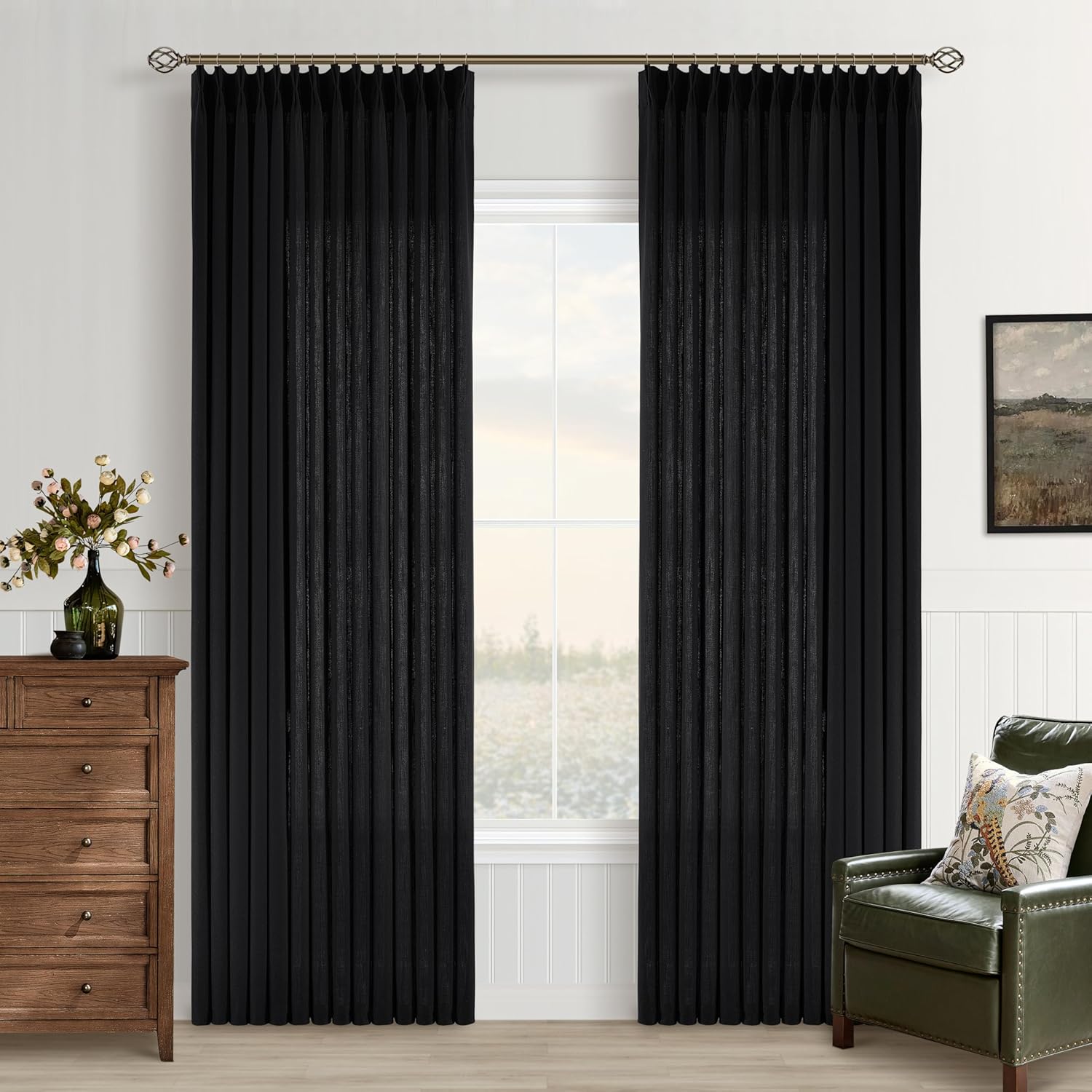 Black Pinch Pleat Linen Curtains for Living Room & Bedroom