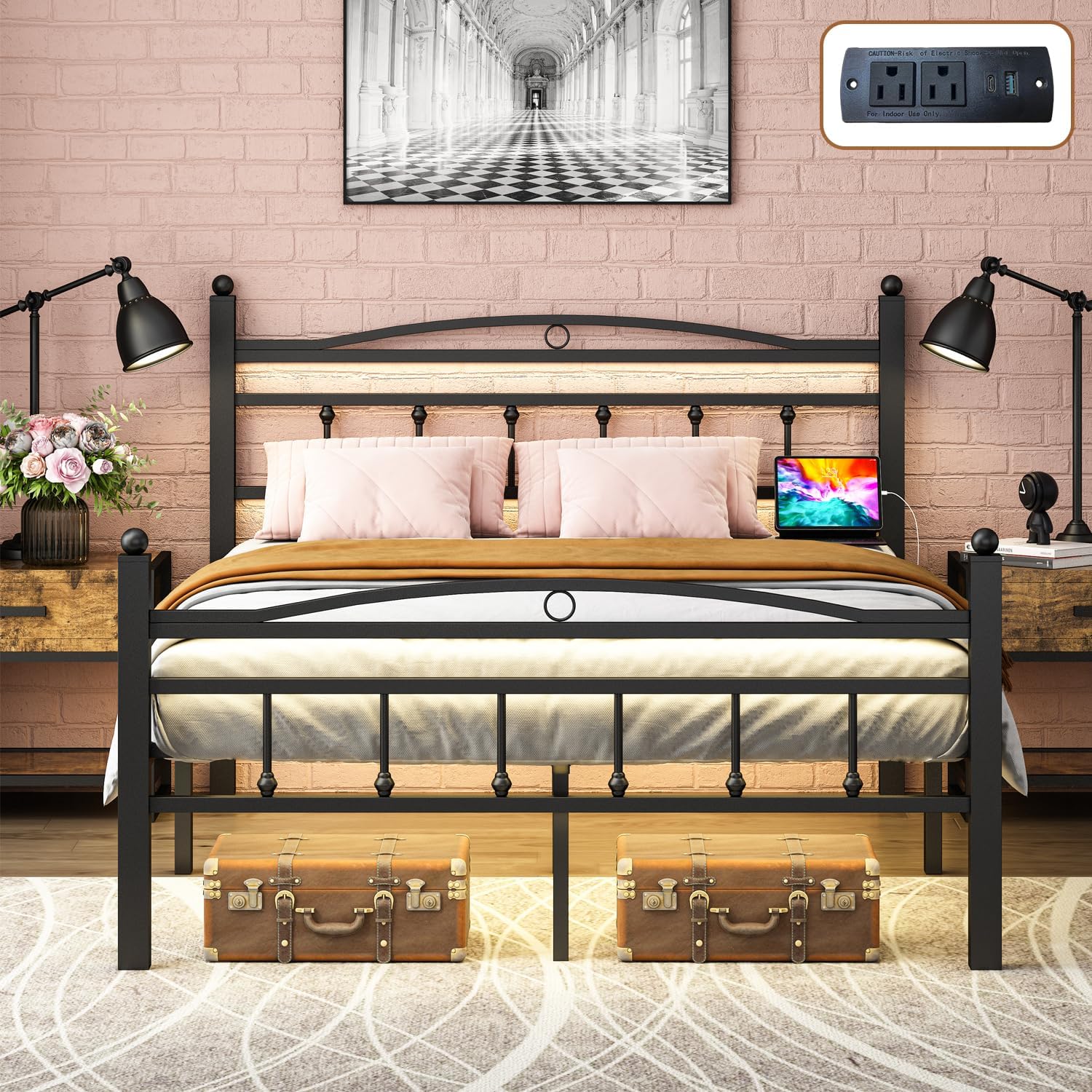 Full Size Bed Frame with Headboard and LED Lights for Comfort