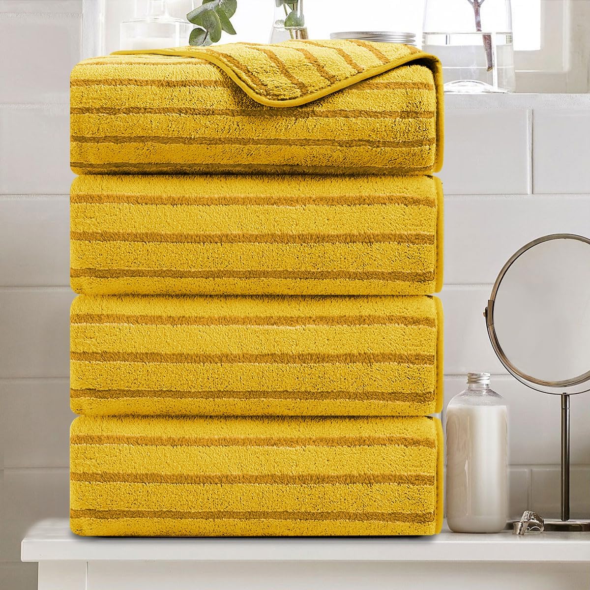 4 Pcs Yellow Cabana Stripe Large Bath Towels Set for Comfort