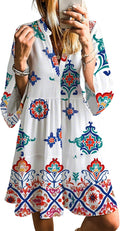 Womens Long Sleeve Tribal Print Boho Mini Dress - Flowy Polyester