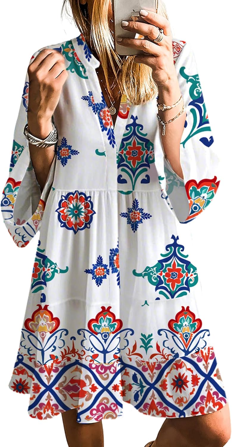 SELINK Womens Long Sleeve Casual V Neck Tribal Print Dress