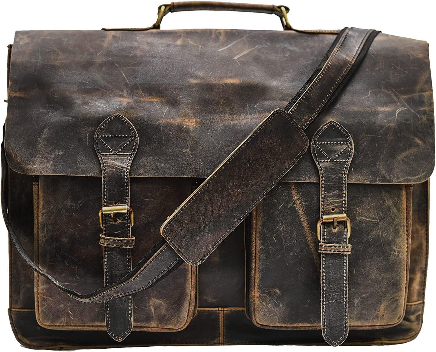 Distressed Buffalo Leather Laptop Messenger Bag for Office Use
