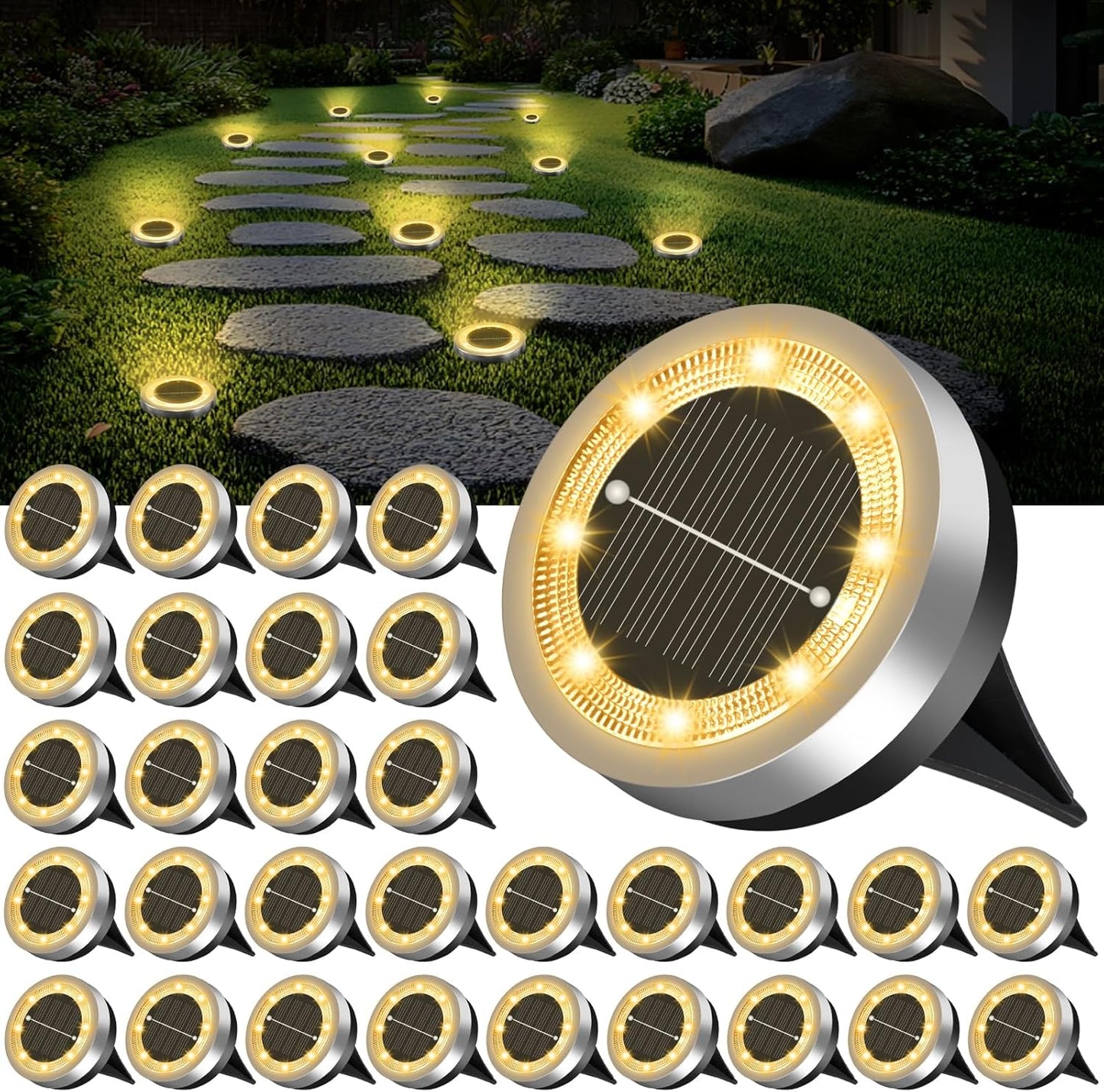 Mini Solar Ground Lights Outdoor 32 Pack Waterproof for Pathway