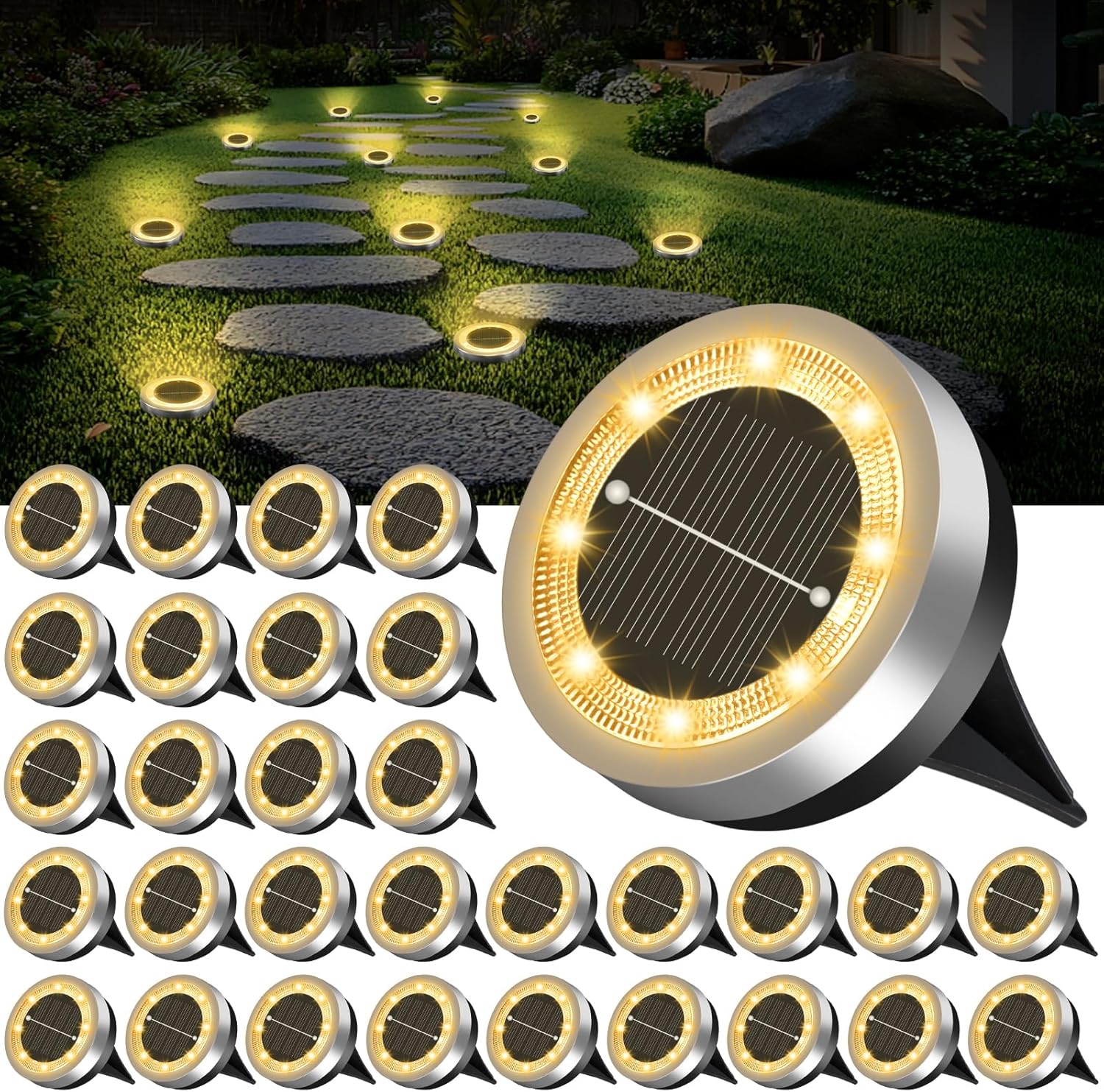 Mini Solar Ground Lights Outdoor 32 Pack Waterproof for Pathway