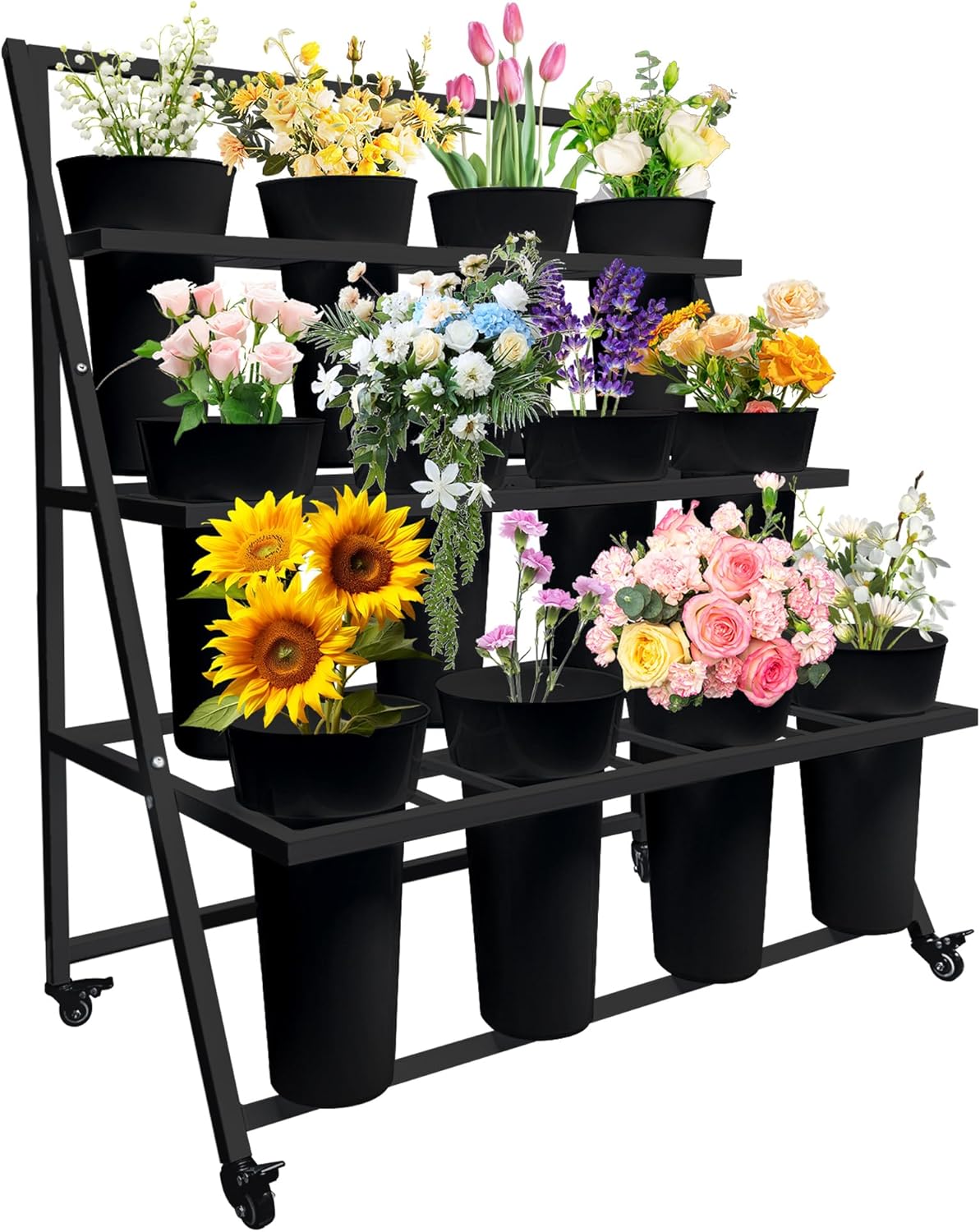 Elegant 3-Tier Flower Display Stand with 12 Buckets and Wheels