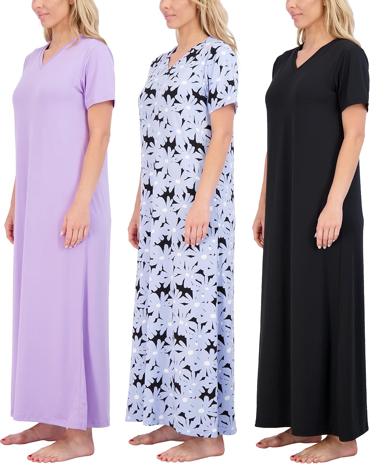 Real Essentials Women's V-Neck Long Nightgowns 3 Pack for Comfort