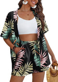 Womens 2 Piece Kimono Tropical Print Shorts Set - Summer Cover Up