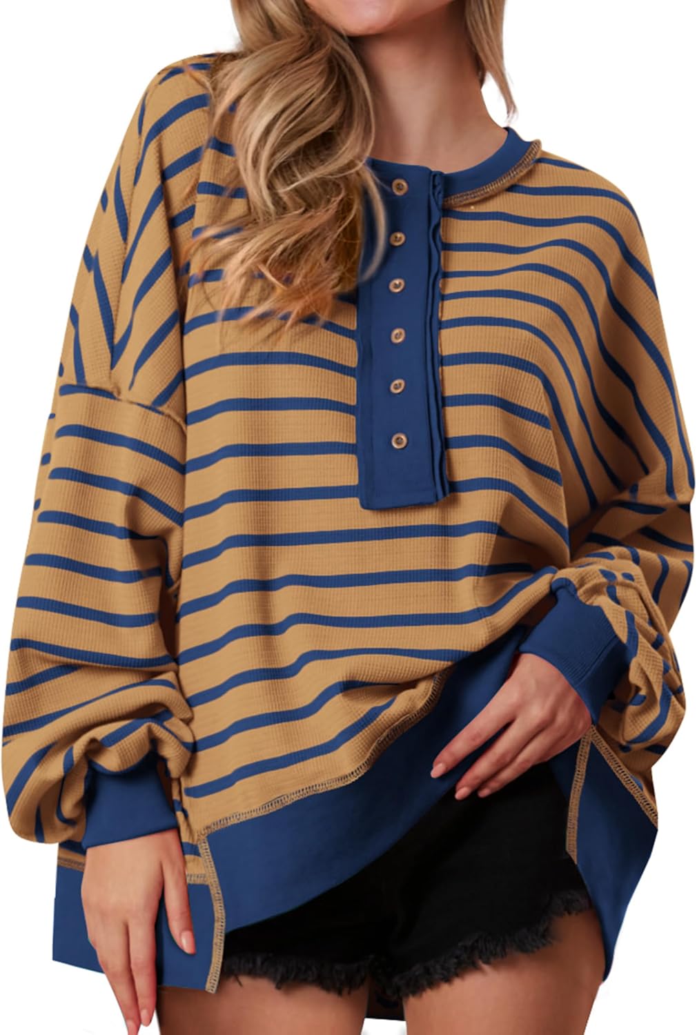 Oversized Striped Sweatshirt for Women - Cozy Waffle Knit Top