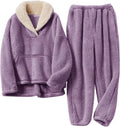 Women Fuzzy Fleece Pajama Set - Flannel Pullover Top & Lounge Pants
