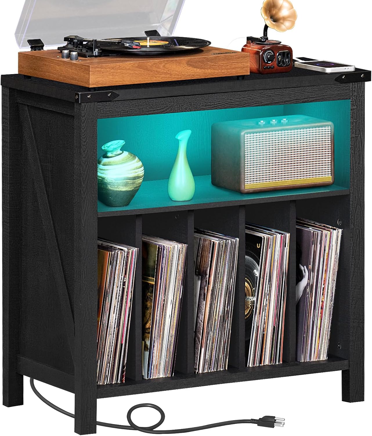Large Record Player Stand with Charging Station & LED Lights