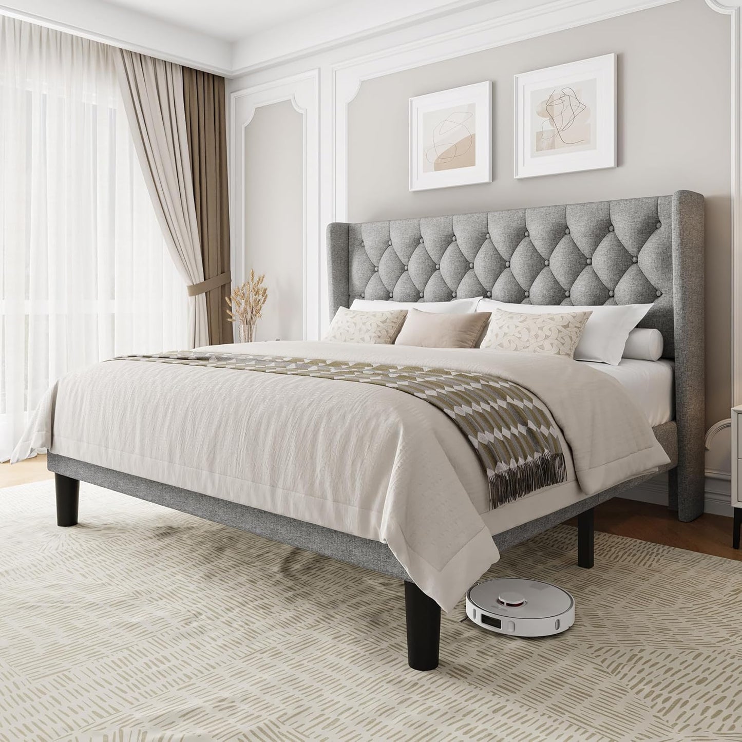 King Size Upholstered Bed Frame with Wingback Headboard Design