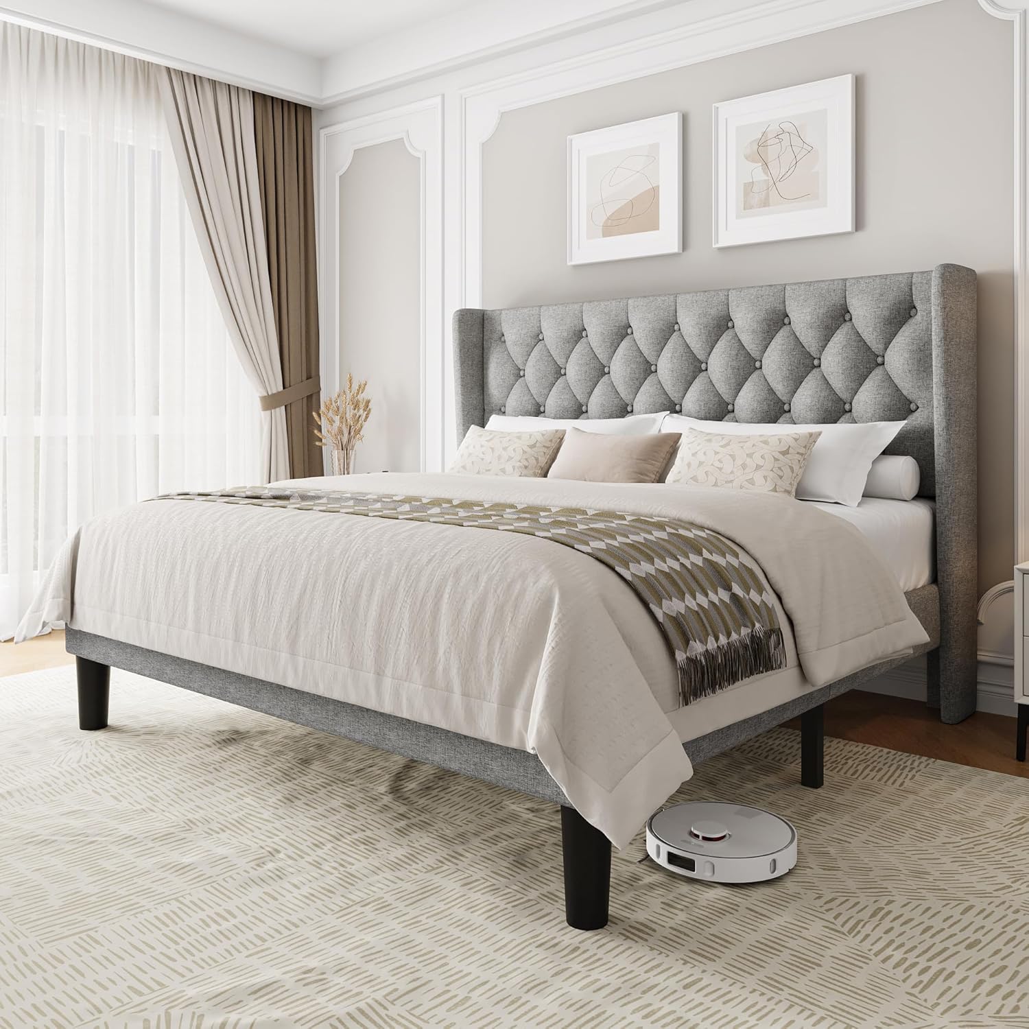 King Size Upholstered Bed Frame with Wingback Headboard Design