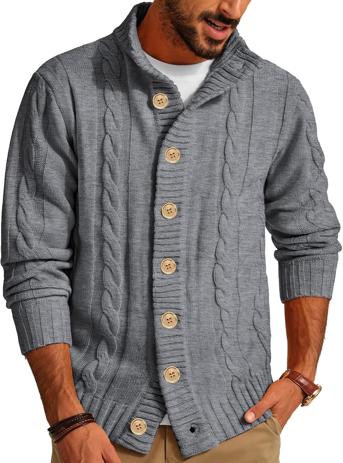 Stylish Men's Cardigan Sweater with Stand Collar and Buttons