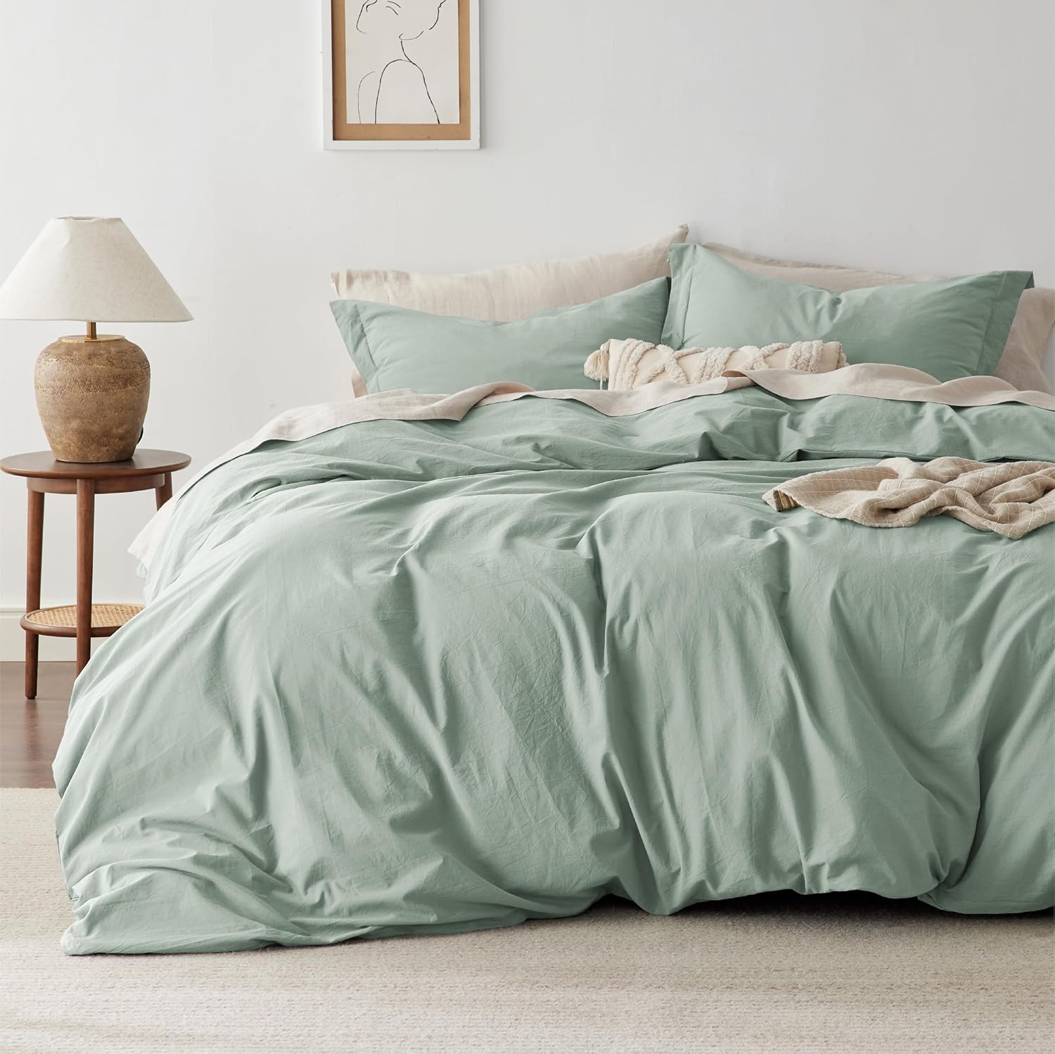 Bedsure 100% Washed Cotton Duvet Cover King Size in Sage Green