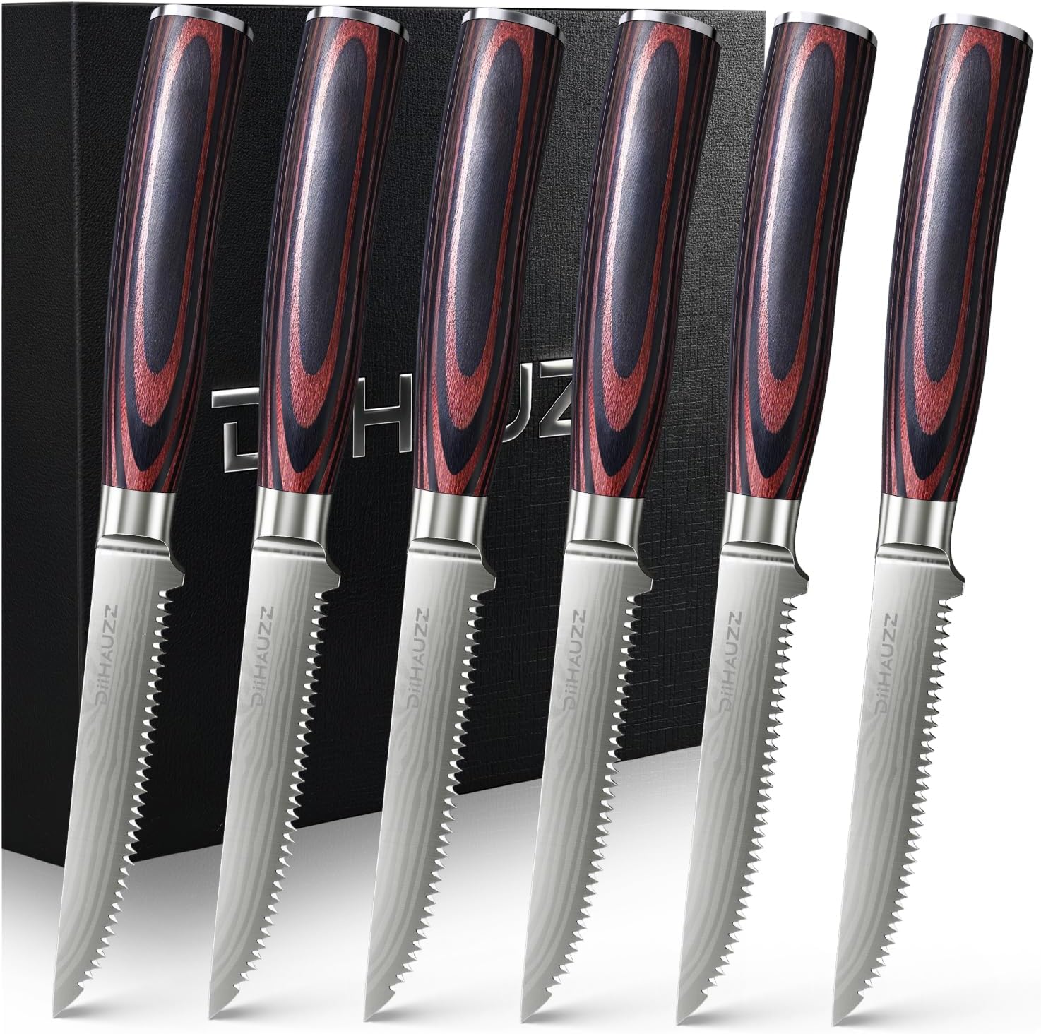 Serrated Steak Knives Set of 6 with Pakkawood Handles