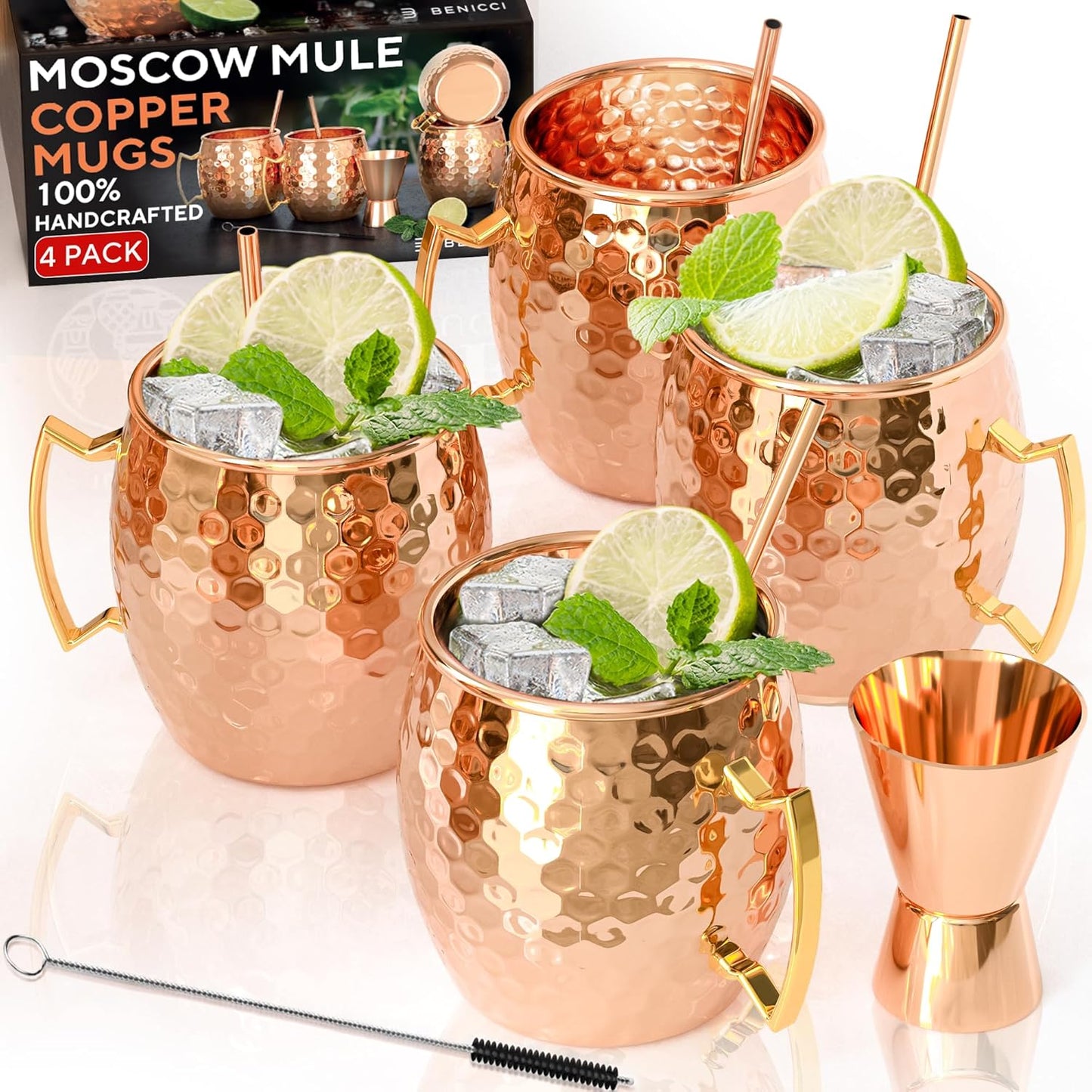 Handcrafted Moscow Mule Copper Mugs Set of 4 with Straws