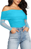 Womens Off The Shoulder Long Sleeve Bodysuit - Sheer Mesh Ruched Fit