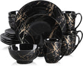 Plates and Bowls Sets for 4 Black Dinnerware Set - Gold Splash