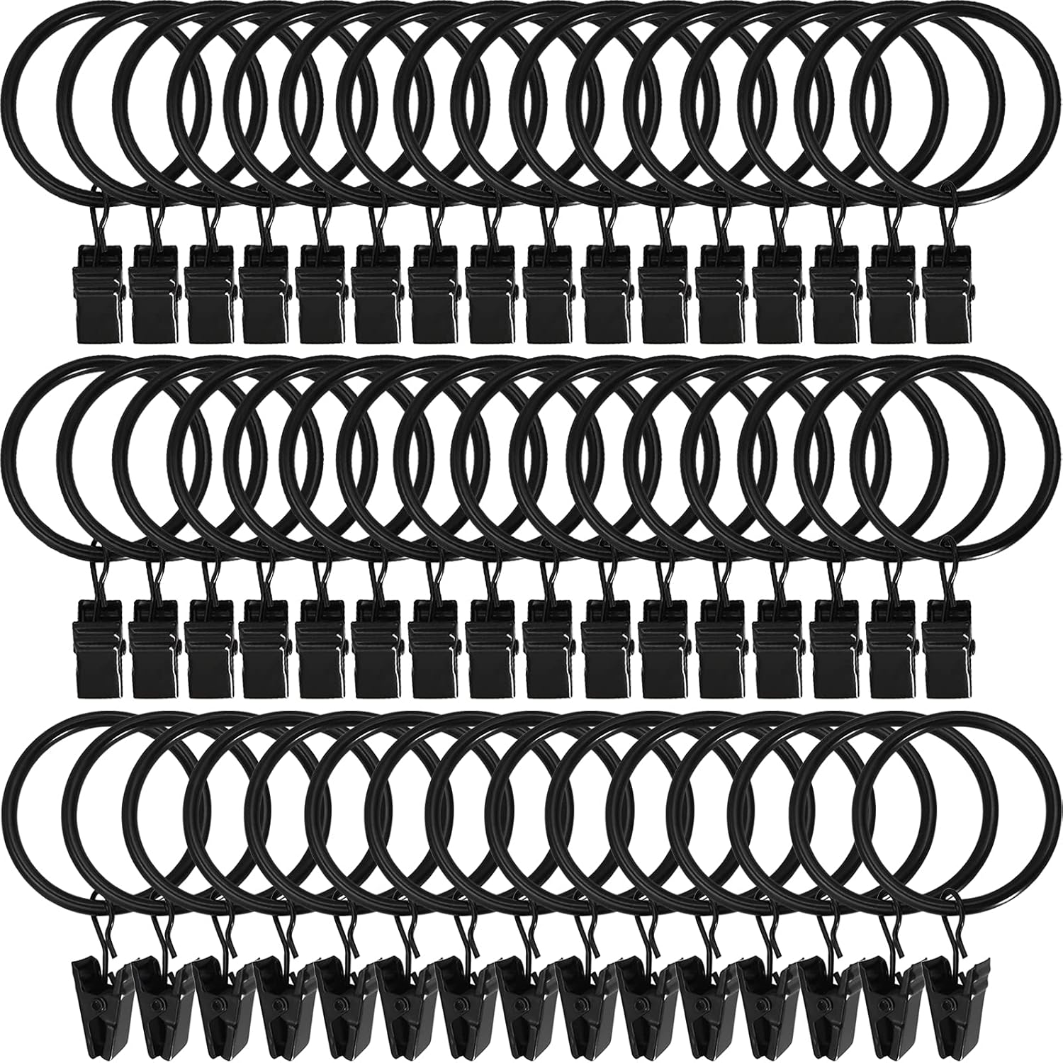 60 Pack Black Curtain Rings with Clips - Easy Drapery Hanging
