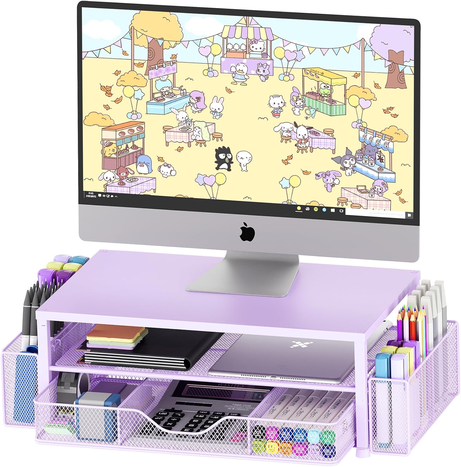 2-Tier Monitor Stand with Drawer & Pen Holders, Purple